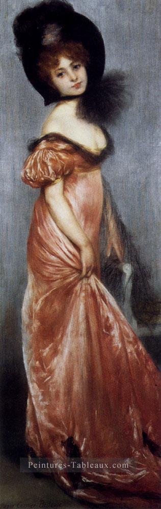 Jeune fille dans une robe rose Carrier Belleuse Pierre Peintures à l'huile